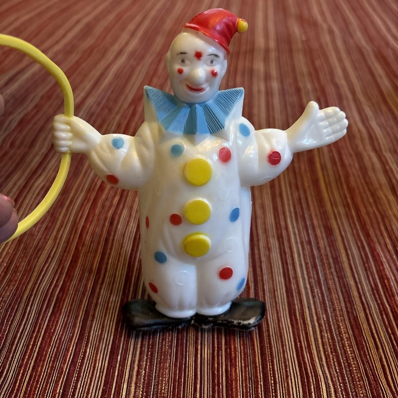 Vtg Celluloid Clown Cake Topper Fun Dessert Birthday W/Hoop Polka Dot Figurine gallery