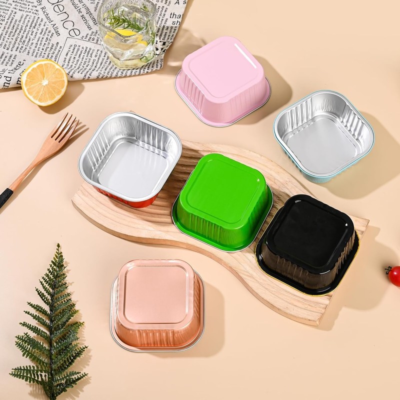 10oz Mini Cake Pans W/ Lids 40 Pack Aluminum Foil Square Cupcake Liners Brownie gallery