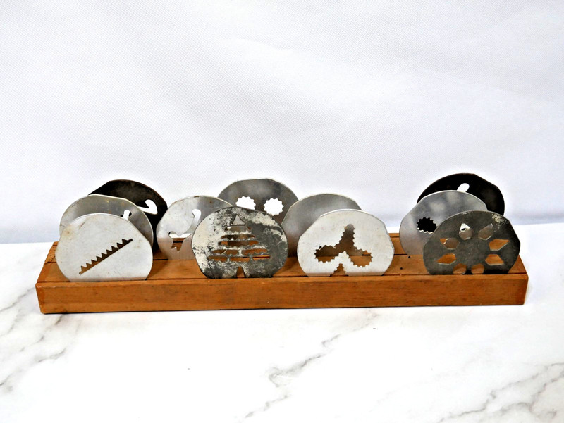 Lot of 11 Cookie Press Shapes /Discs & Wood Block Holder Mirro Cooky Vintage gallery