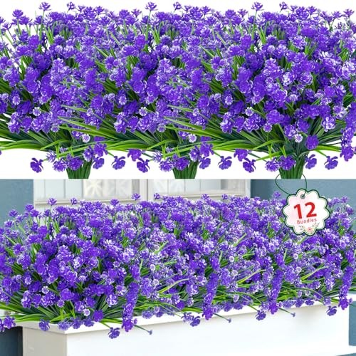 12 Bundles Artificial Flowers for Outdoors UV Resistant Fake 12 Packs Purple