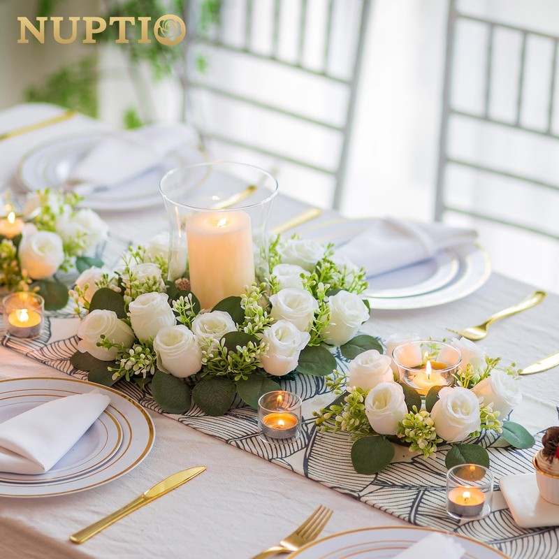 Nuptio Flower Candle Rings For Centerpieces 13.4 Inch Artificial Rose Wreath gallery