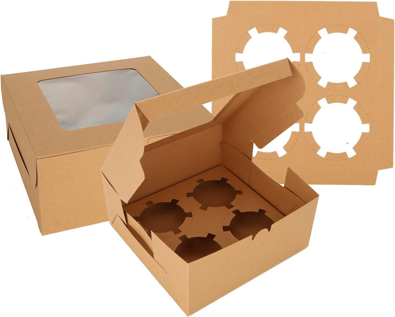 100Pcs Cupcake Boxes 4 Count with Window 6X6X3 Inch | Cupcake Containers Brown C