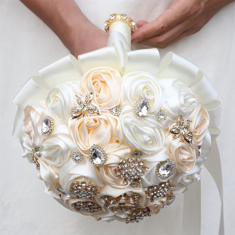 Tuagymkr Handmade Rhinestone Brooch Satin Bridal Bouquet7.5Inches Crystal gallery