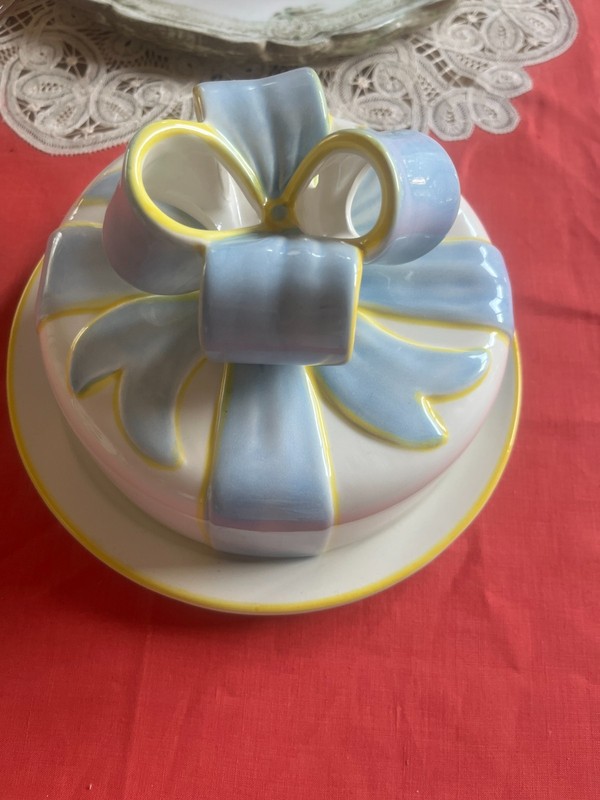 Vintage Ceramic Portugal Cake Plate and Dome Cover Blue Ribbons and Bows