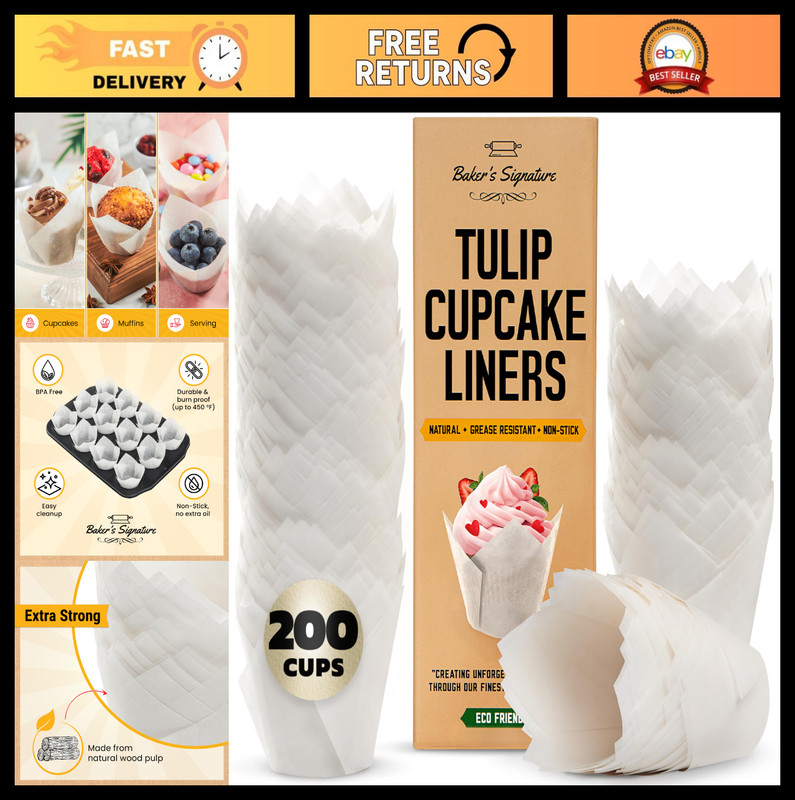 200 Pcs White Tulip Cupcake Liners & Muffin Cups – Greaseproof Baking Wrappers