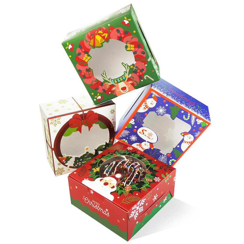 Christmas Bakery Box with Window 60Packs 6X6X3 Cookie Boxes Pastry Box for Chris