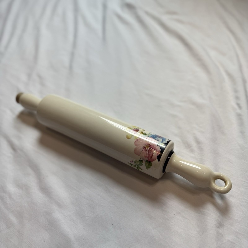 White Ceramic Rolling Pin w/ Handles, Multicolor Floral & Garden Pattern gallery