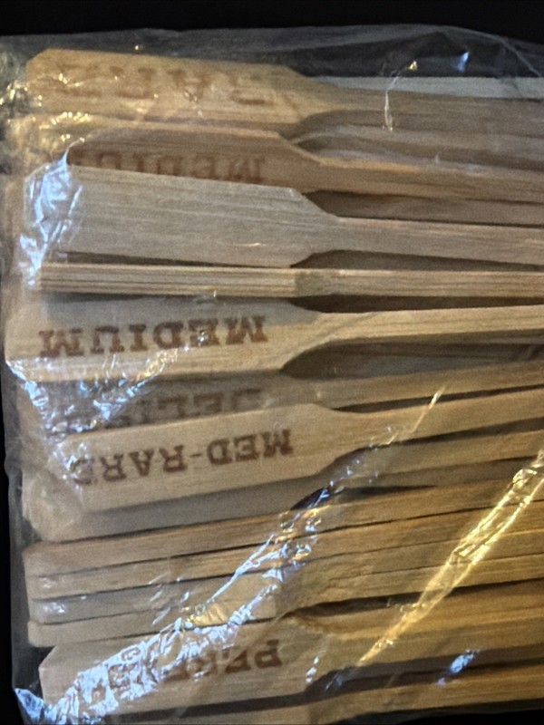 Twos Company Steak Markers, Bamboo Wood Meat Picks 8 assorted sayings