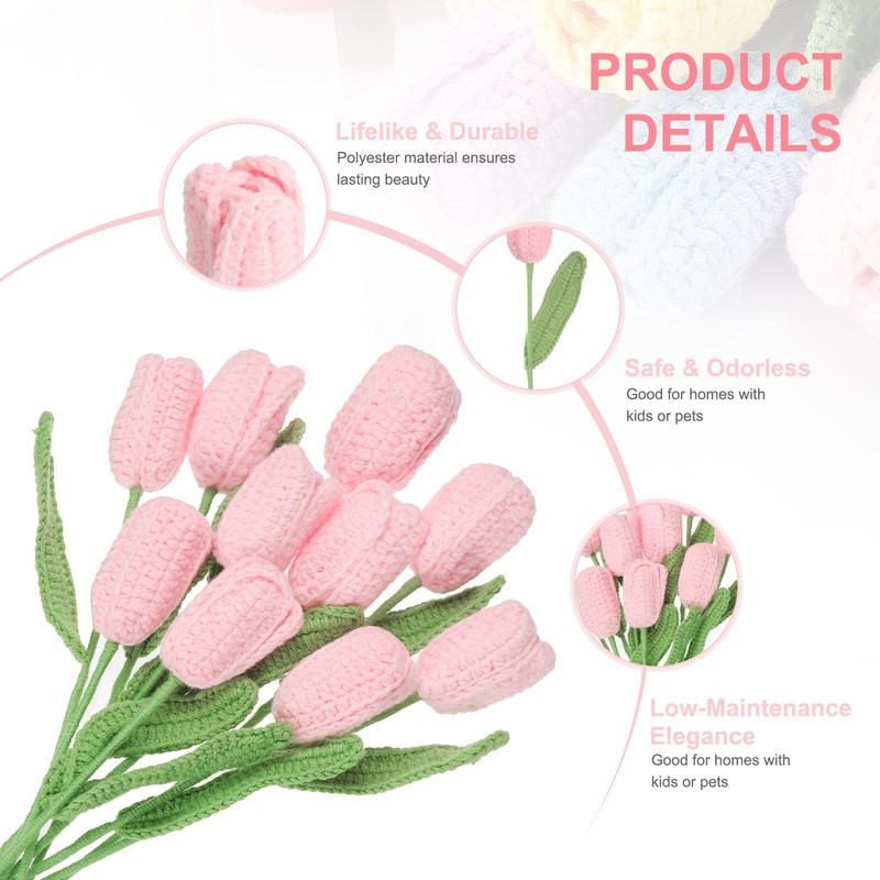 10 Pcs Tulip Crochet Flowers Bouquet for Gift Decoration Pink gallery