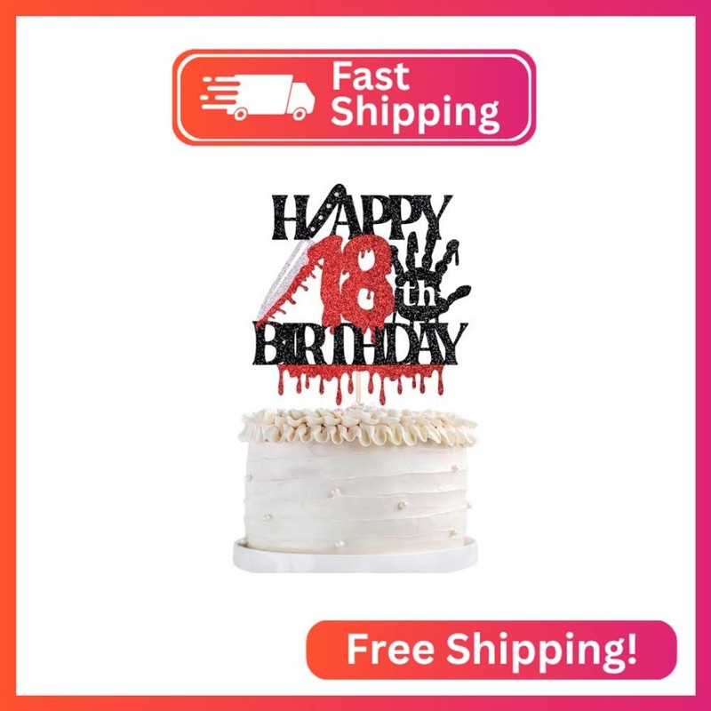 Black red Glitter Killer Happy 18th Birthday Cake Topper，Halloween Zombie Vampir