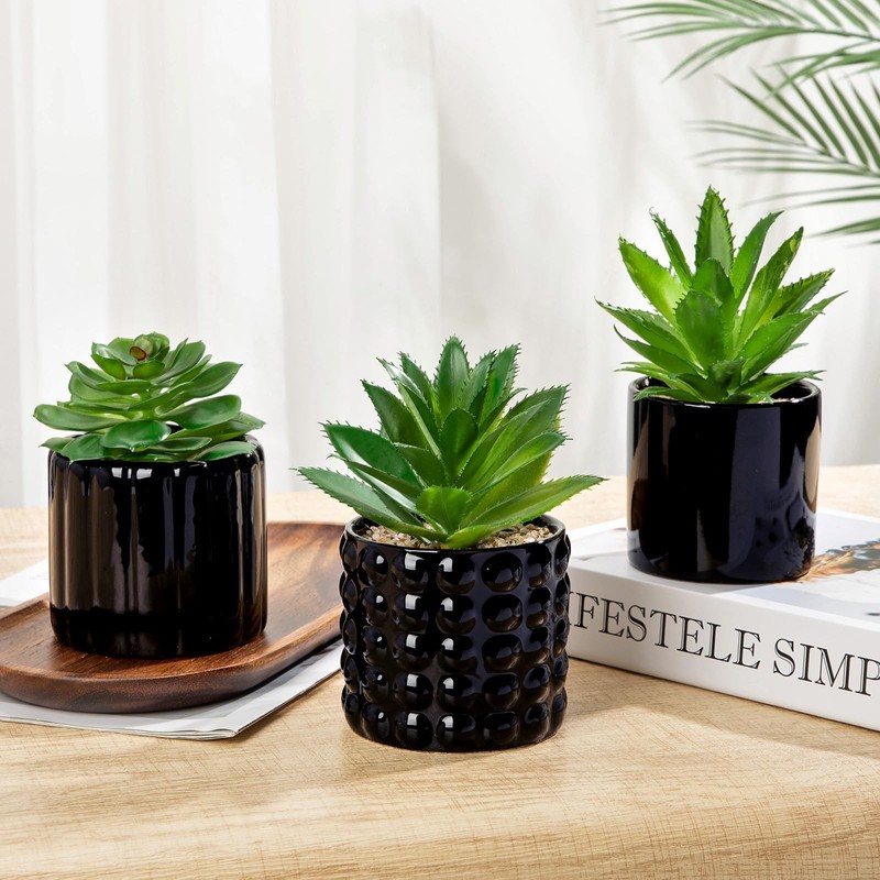 Briful Succulents Plants Artificial In Black Ceramic Pots Set Of 3 Small Fake gallery