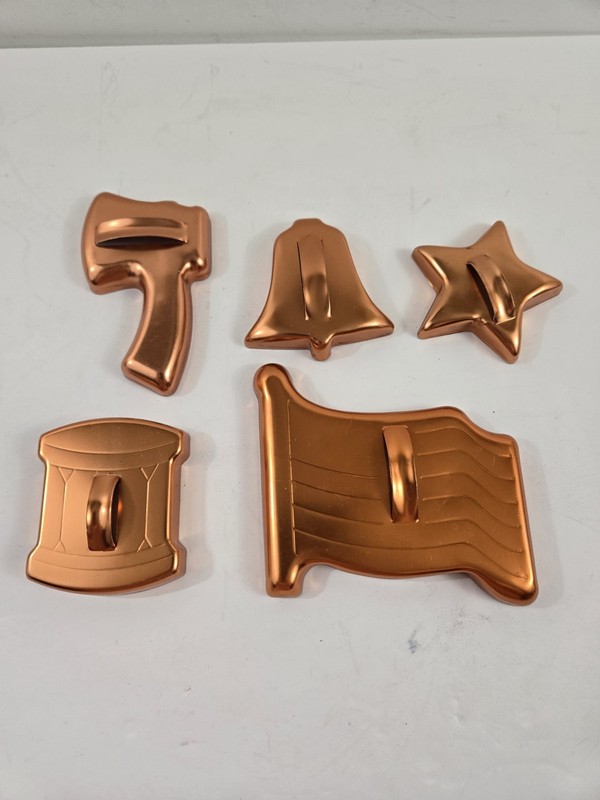 5 Mirro Copper Cookie Cutters Patriotic flag drum bell star hatchet Aluminum VTG