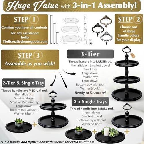3-in-1 Wooden Tiered Tray Stand - Beaded 3 Tiered Tray Decor - 3-Tier Black gallery
