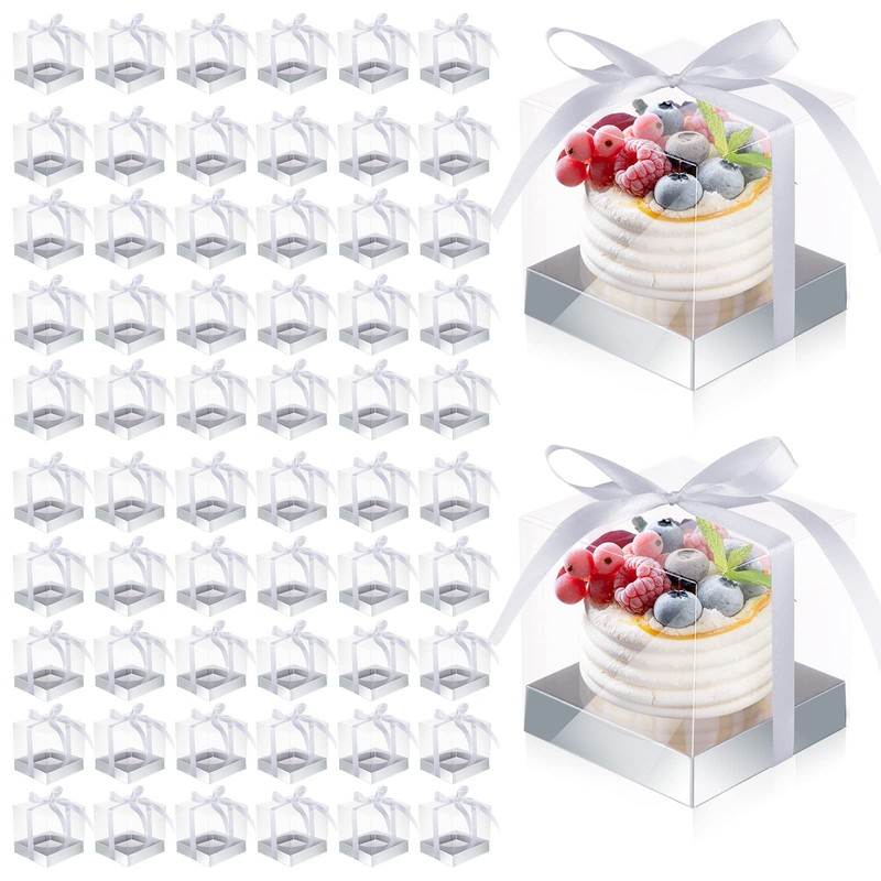 100 Pieces Individual Clear Cupcake Boxes 3.5 Inch Plastic Silver Cupcake Con…