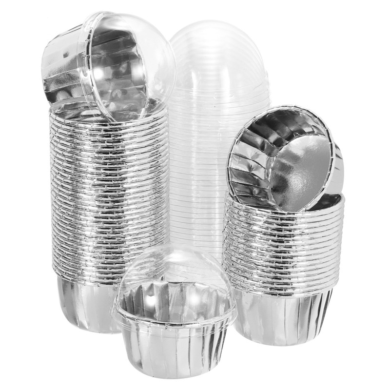50Pcs Cupcake Liners Double-sided Aluminum Foil with Lids Silver Round
