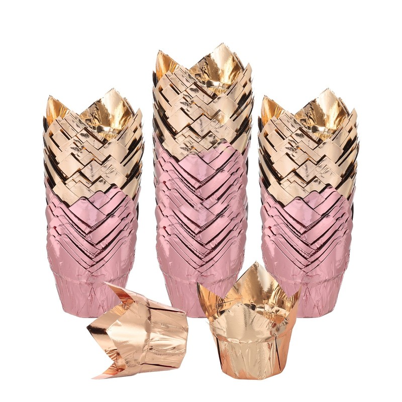100 Pcs Tulip Baking Cups Cupcake Muffins Liners, Champagne Gold/Rose Gold