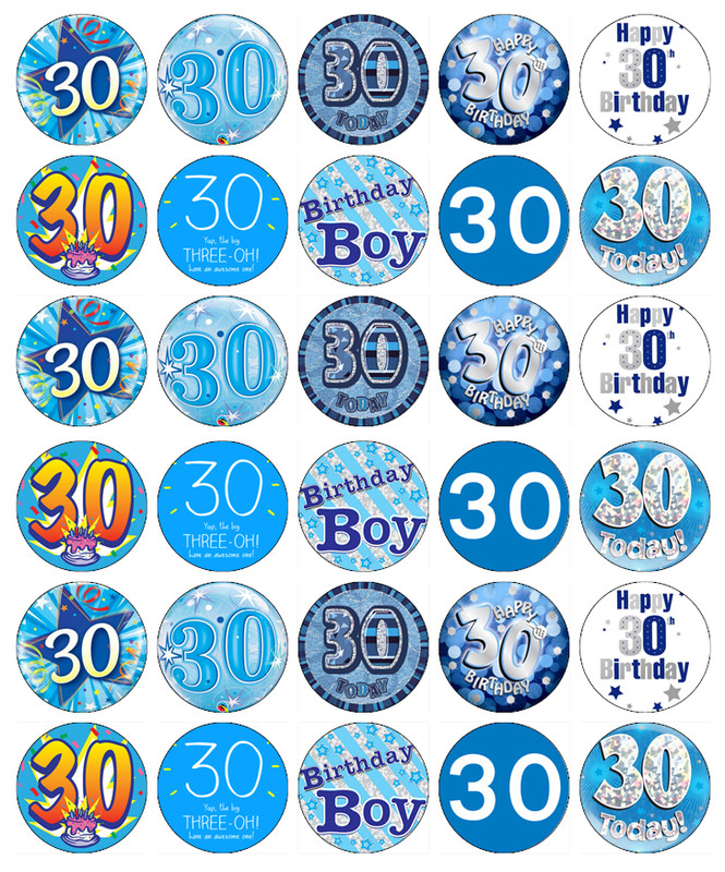 30x 30th Birthday Boy Blue Cupcake Toppers Edible Wafer Paper Fairy Cake Toppers