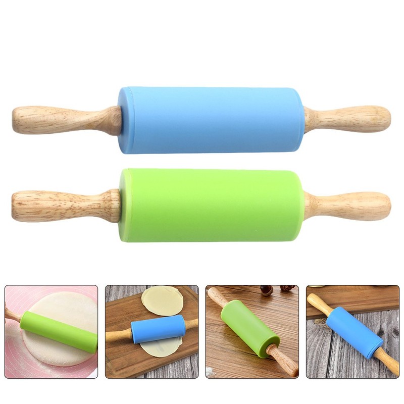 2 Pcs Silicone Wood Rolling Pin Dough Roller Baking Tool for Pizza Cookie gallery