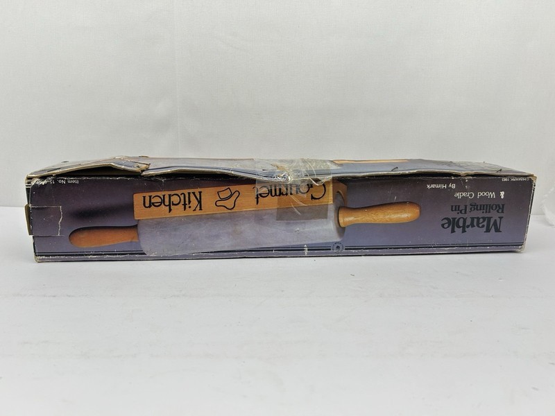 Vintage Gourmet Kitchen Marble Rolling Pin Gray Marbled Wood Handles & Cradle gallery