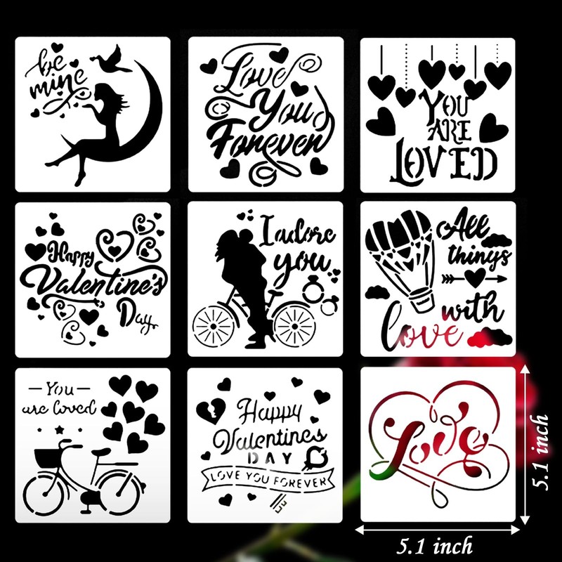9 PCS Valentines Day Cake Stencils Kit Reusable Cookie Coffee Love Words gallery