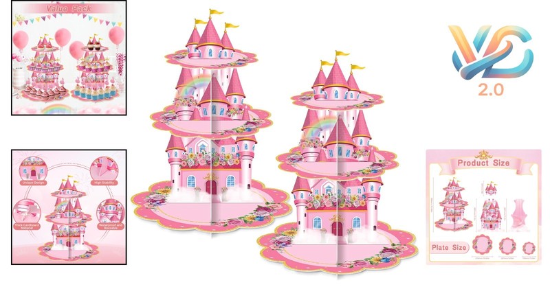 Pink Castle 2-Pack 3-Tier Cupcake Stands for Princess Birthday or Party Decor gallery