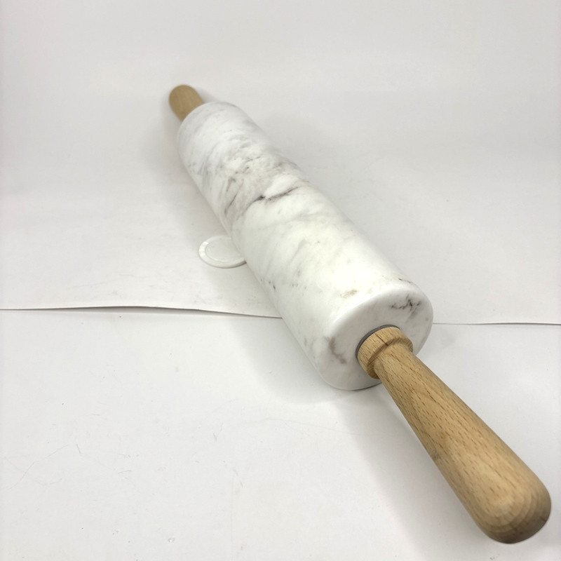Polished Marble Rolling Pin White Gray 18" Long 10" Barrel Vintage Wood Handles gallery