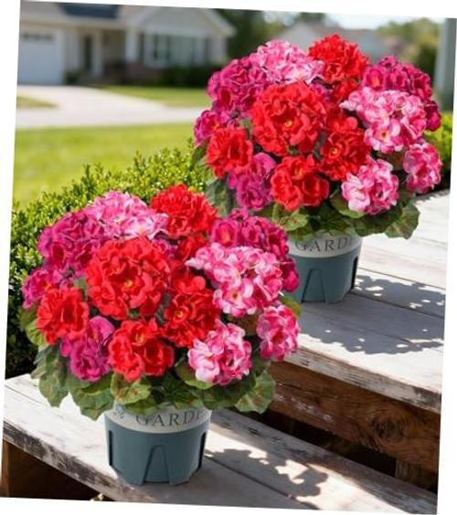Geraniums Artificial Flowers for Outdoors, 2 Pack 4 Red, 4 Fuchsia, 4 Pink