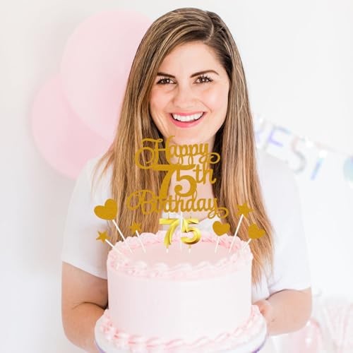 75th Happy Birthday Cake Decoration, 75th Birthday Candle Glitter Cake Golden gallery