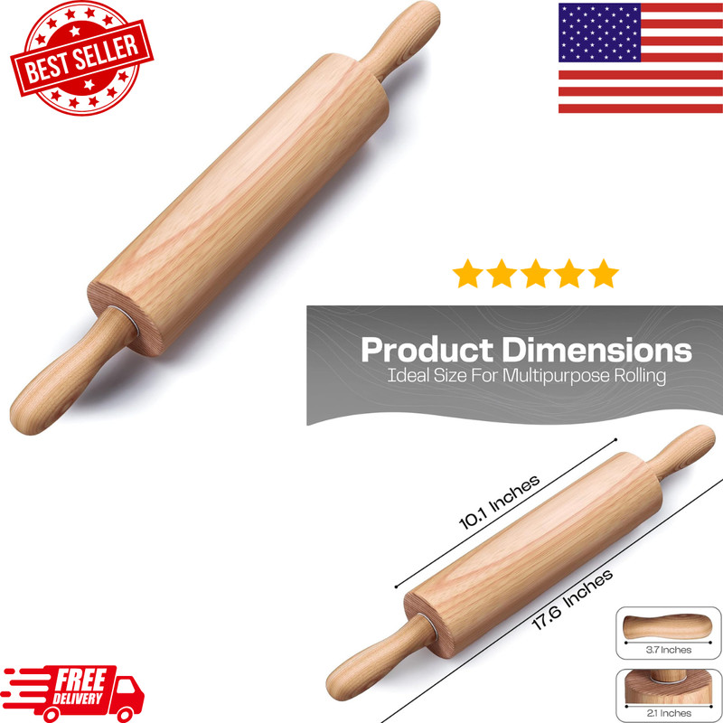 Wooden Rolling Pin 17.6” Beechwood with Ergonomic Handles Dough Roller for Bakin