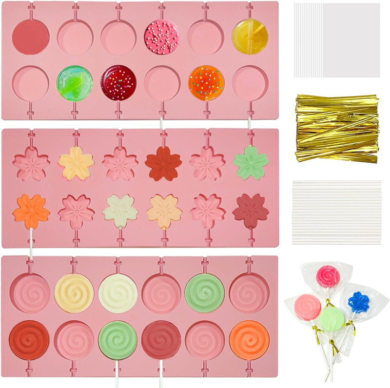 3Pcs Lollipop Mold Kit, 36 Capacity 3 Shapes Pink Silicone Candy Molds, Non-Sti