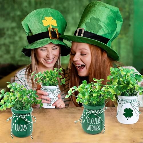 4 Pcs St Patricks Day Mini Jars with Artificial Shamrock MIni Vase Fake gallery