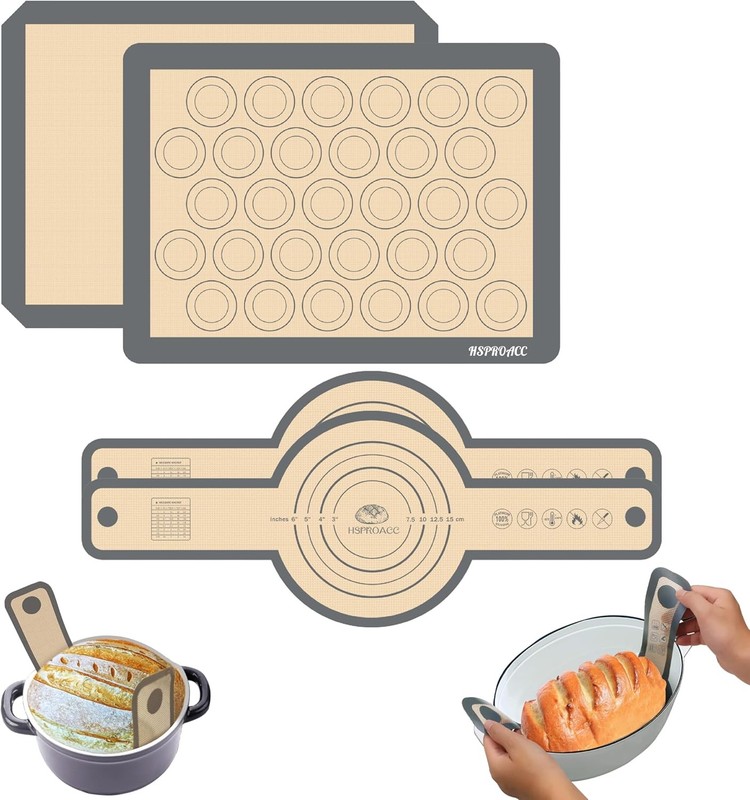 Silicone Baking Mat Set of 4, Silicone Bread Sling with Long Handles for Dutch