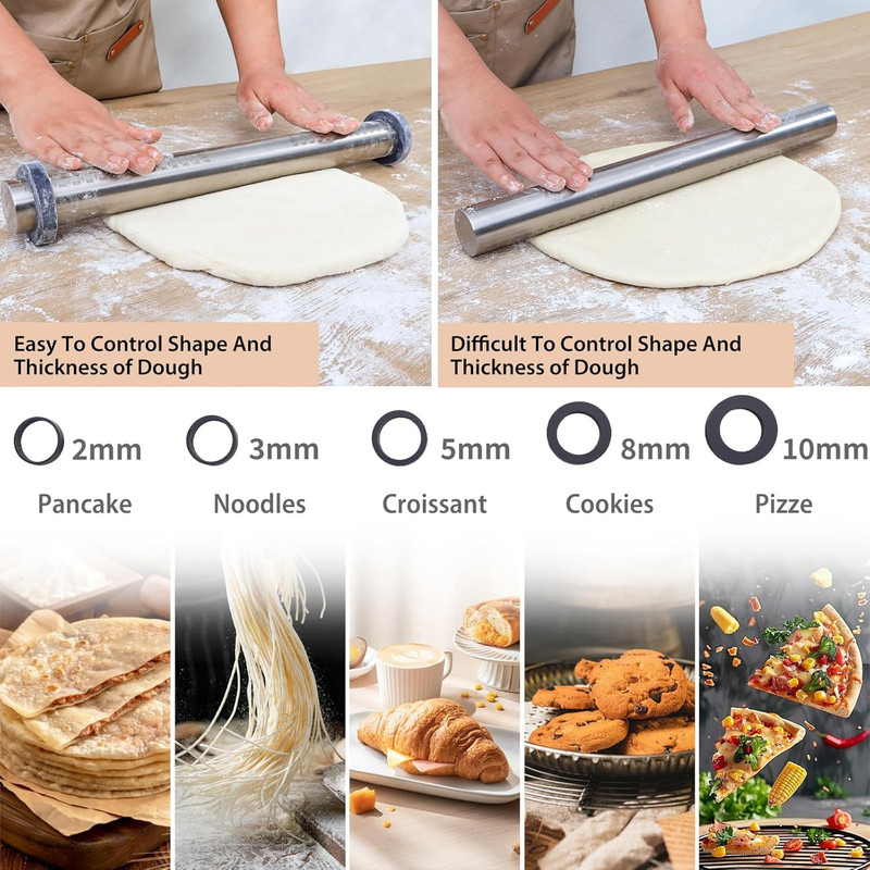 Adjustable Rolling Pin with Thickness Rings for Baking -Non Stick Stainless Stee gallery