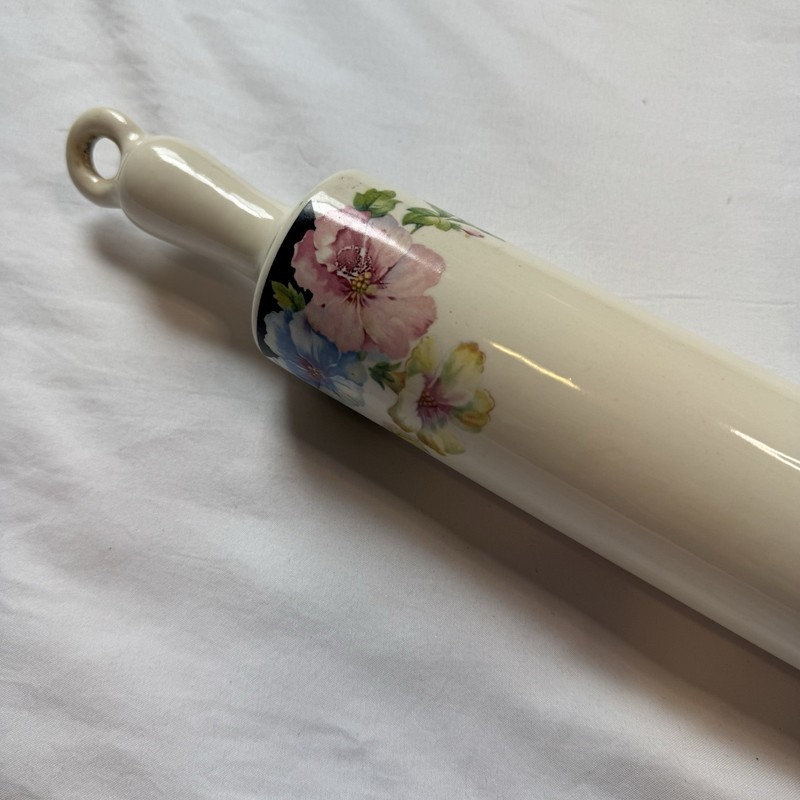 White Ceramic Rolling Pin w/ Handles, Multicolor Floral & Garden Pattern gallery
