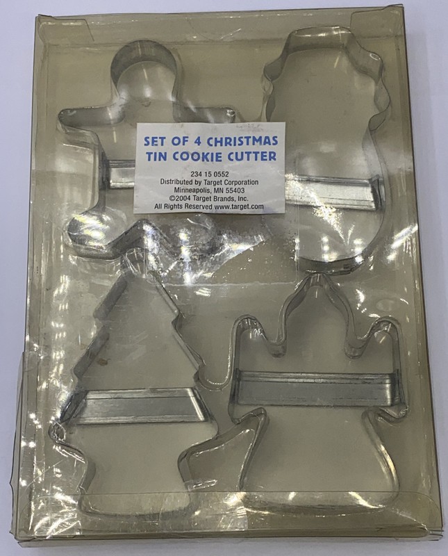 Christmas Tin Cookie Cutters NOS 2004 set (4) Snowman/Angel/Tree/Gingerbread Man