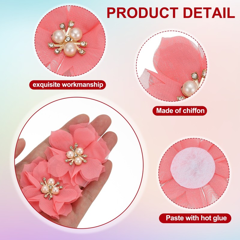 10Pcs 2.36 Inch Rhinestone Chiffon Flower Fabric Appliques Watermelon Red gallery