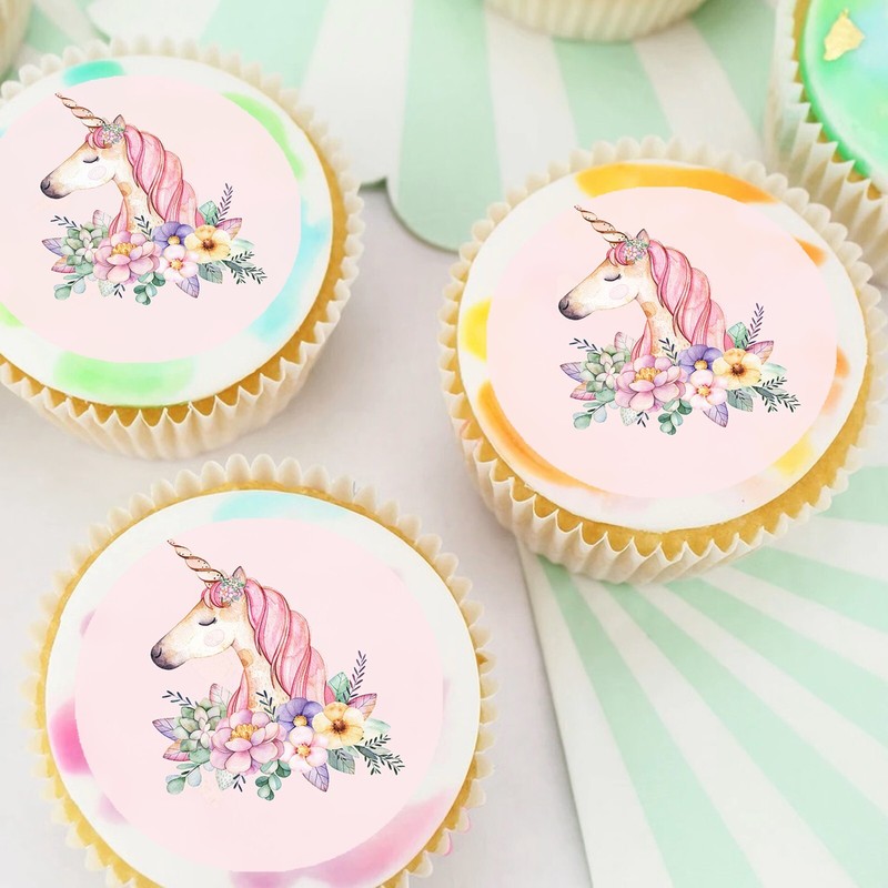 Floral Unicorn Unicorns Pre-cut Edible Cupcake or Cookie Toppers