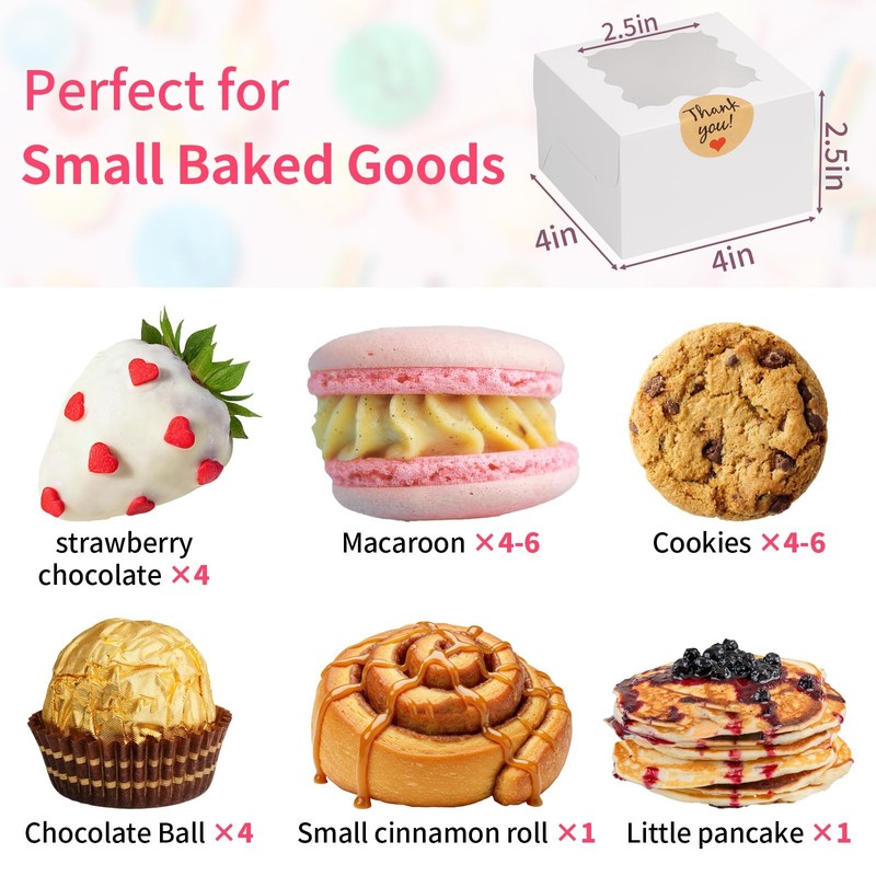 24pcs White Cookie Boxes, 4x4x2.5 Inches Bakery Boxes with Window, for Mini Cake gallery