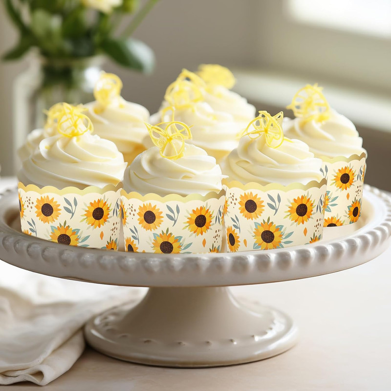 100 Pcs Summer Sunflower Paper Baking Cups with Scalloped Gold Rim Yellow Green gallery