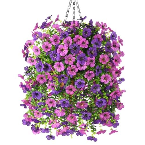 Artificial Fake Hanging Plants Flowers Baskets for Outdoor Outside Mix Purple
