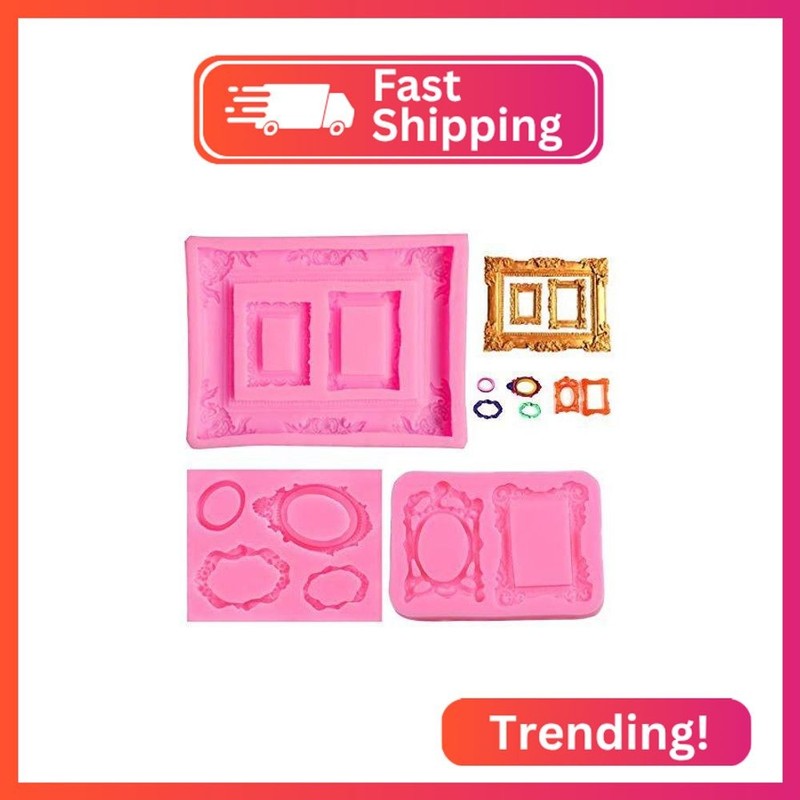 3 Pieces Pink Picture Frames Silicone Mold for Cake Decorating Sugar Gum Paste C