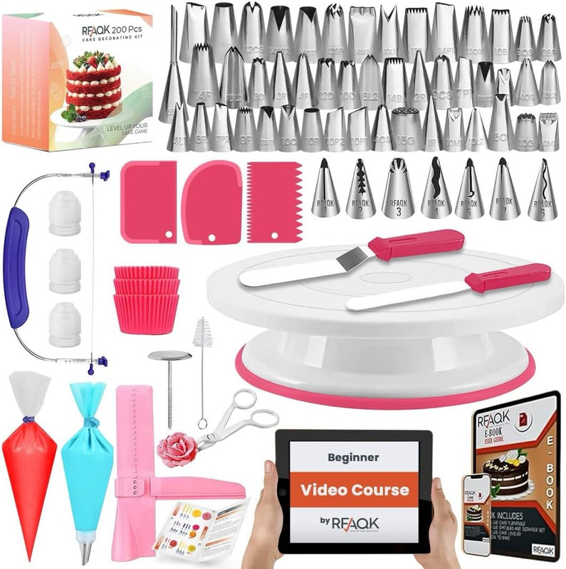 Kit de decoración de pasteles de 200 piezas para principiantes con plato girator