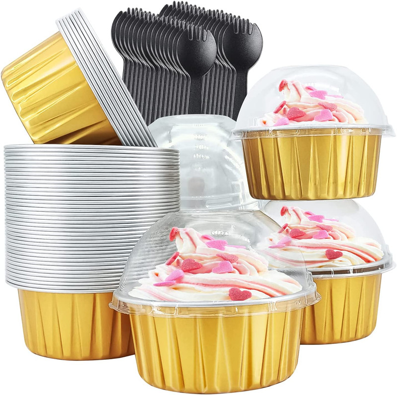 50 PACK Gold Cupcake Liners with Flat Base Aluminum Foil Cupcake Pan With Forks