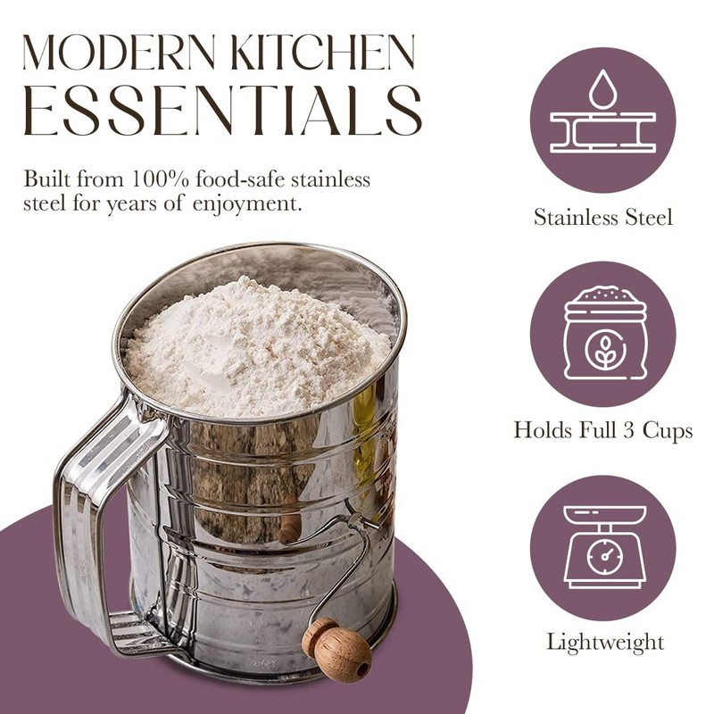 Bellemain 3 Cup Flour Sifter for Baking Fine Mesh Rotary Hand 3 Cup, Silver gallery