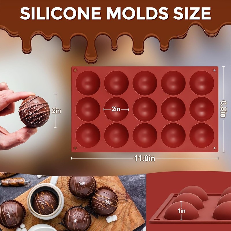 15-Cavity Non-Stick Silicone Semi Sphere Molds for Cakes & Chocolates - 2-Pack gallery