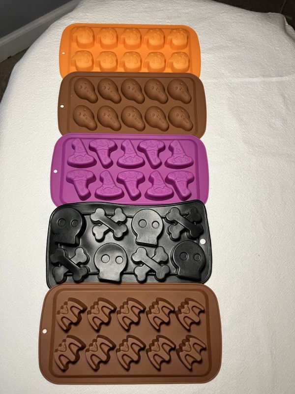5 Pack Halloween Silicone Chocolate Molds 3D Pumpkin Bat Skull Witch Hat Bones