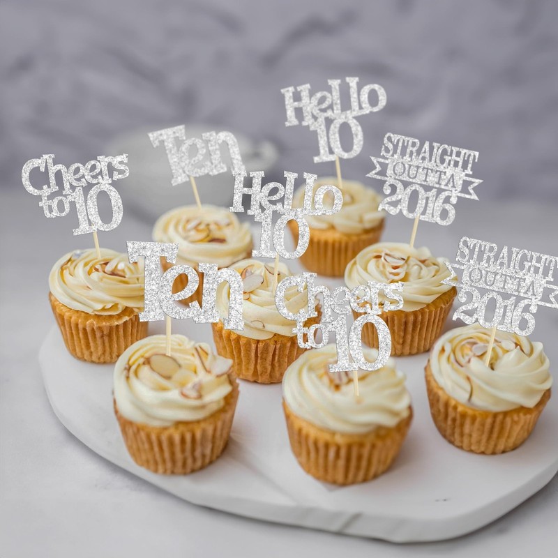 Ephlyn 24Pcs Happy 10th Birthday Cupcake Toppers Glitter Ten Cupcake Picks He... gallery