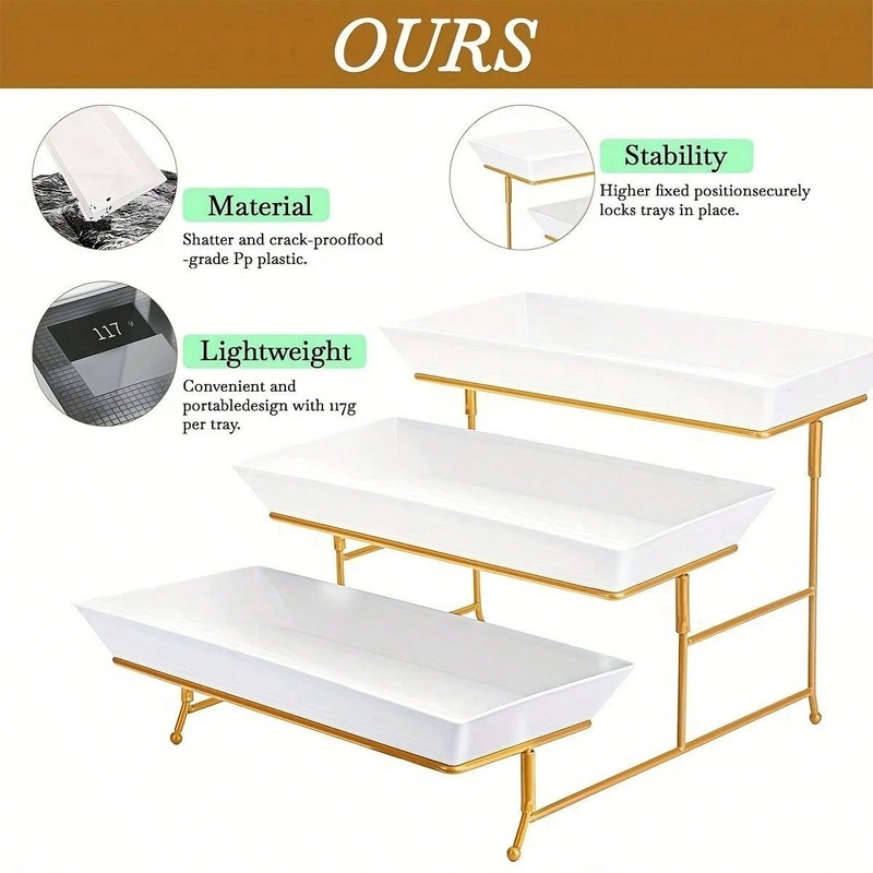 2PC 3 Tier Cake Stand Dessert Tray Set White Plates Gold Frame Foldable W Tongs gallery