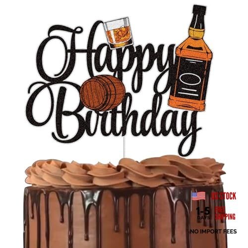 Vintage Whiskey Birthday Cake Topper – Black Glitter – 30th 40th