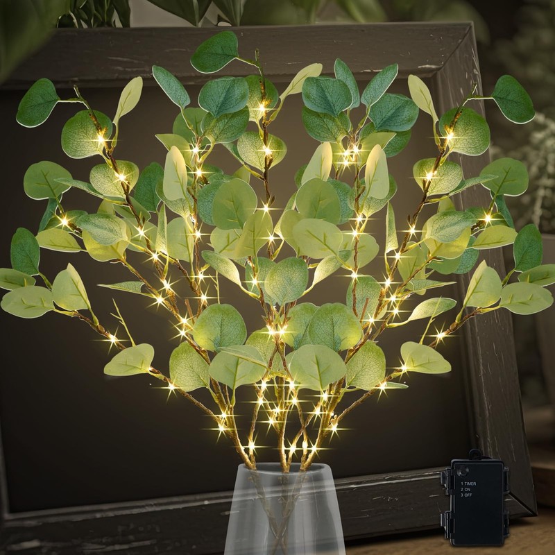 Camantu Lighted Artificial Eucalyptus Branches Timer Light Up Eucalyptus